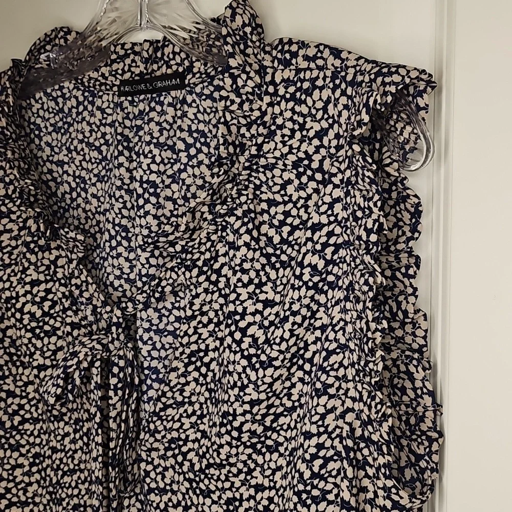 Harlowe & Graham Navy Floral Ruffle Neck Tunic Blouse Size L Boho Romantic Boho - Picture 4 of 11